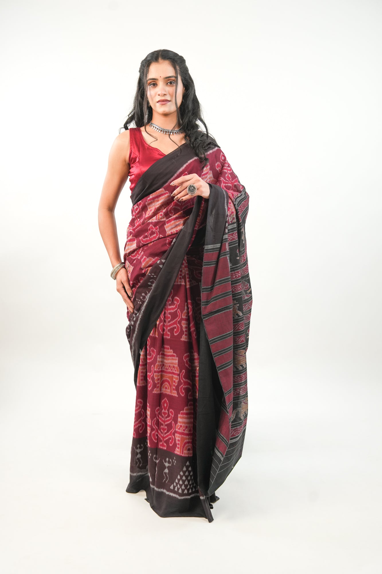 Black Sambalpuri Cotton Saree with Orange-Pink Temple Ikat