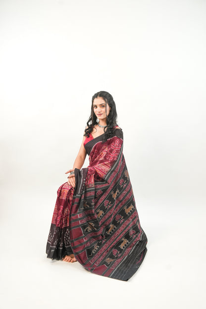 Black Sambalpuri Cotton Saree with Orange-Pink Temple Ikat
