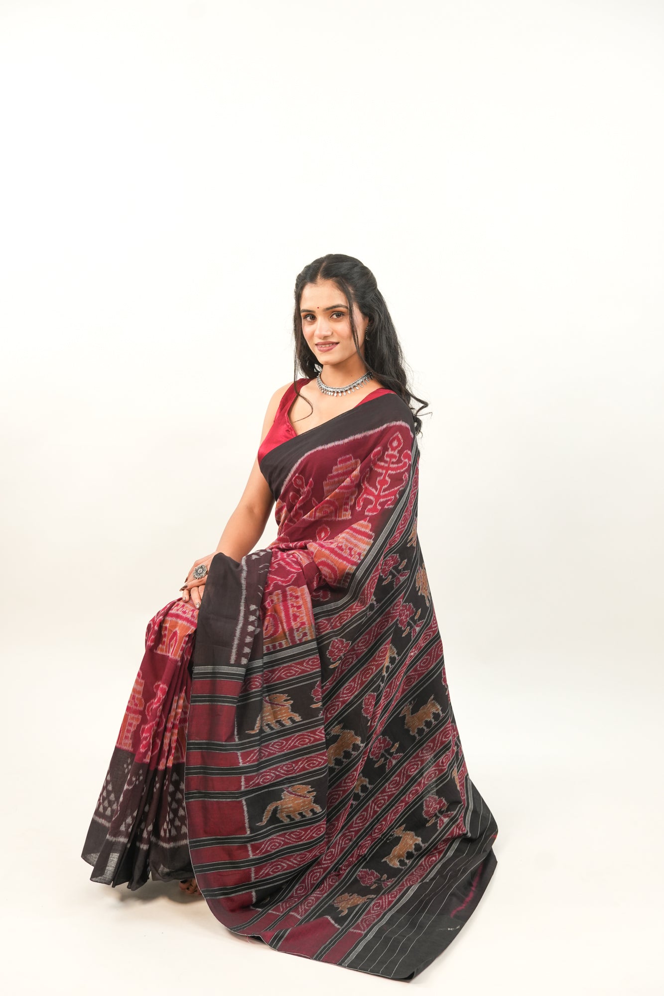 Black Sambalpuri Cotton Saree with Orange-Pink Temple Ikat