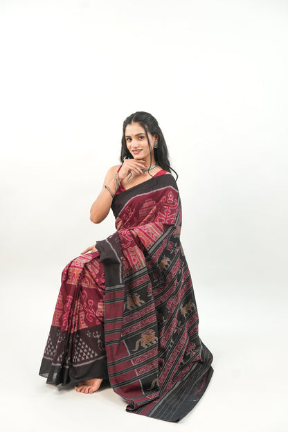 Black Sambalpuri Cotton Saree with Orange-Pink Temple Ikat