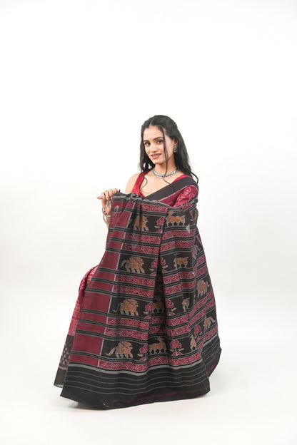 Black Sambalpuri Cotton Saree with Orange-Pink Temple Ikat