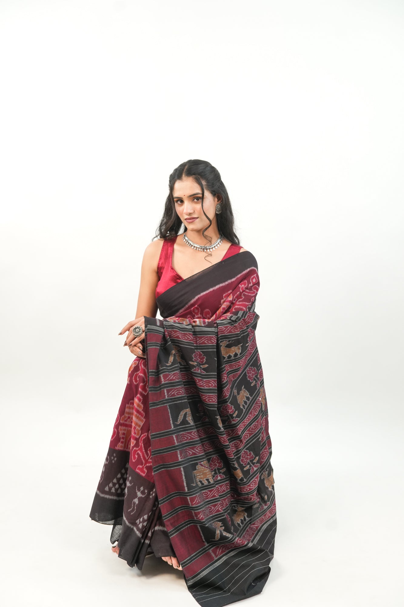 Black Sambalpuri Cotton Saree with Orange-Pink Temple Ikat