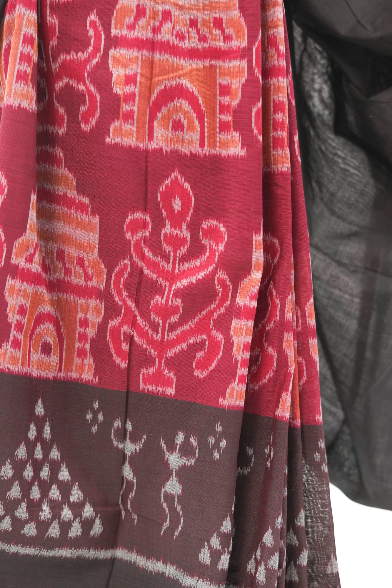 Black Sambalpuri Cotton Saree with Orange-Pink Temple Ikat