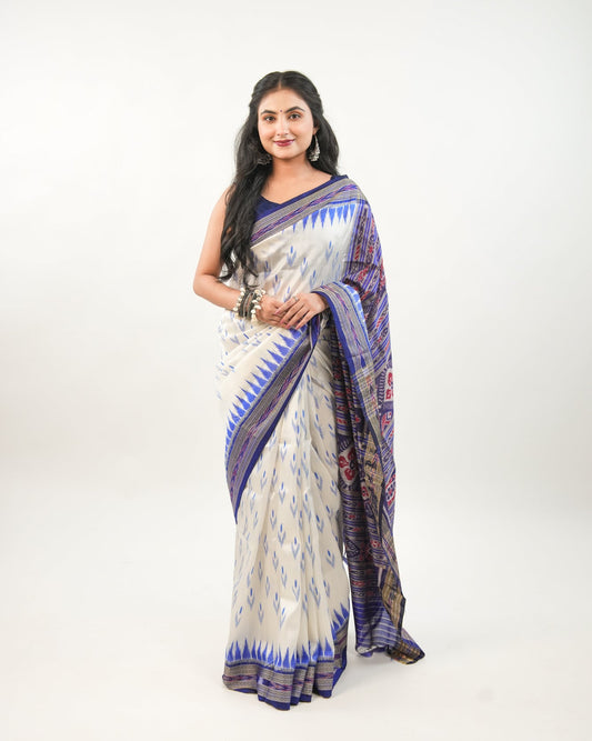 Off-White Khandua Silk Saree with Royal Blue Temple Motifs