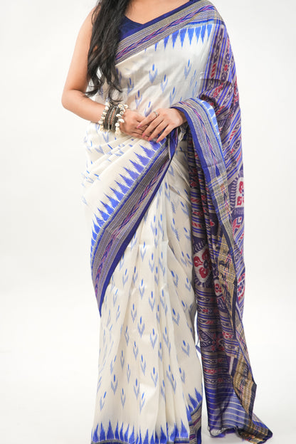 Off-White Khandua Silk Saree with Royal Blue Temple Motifs