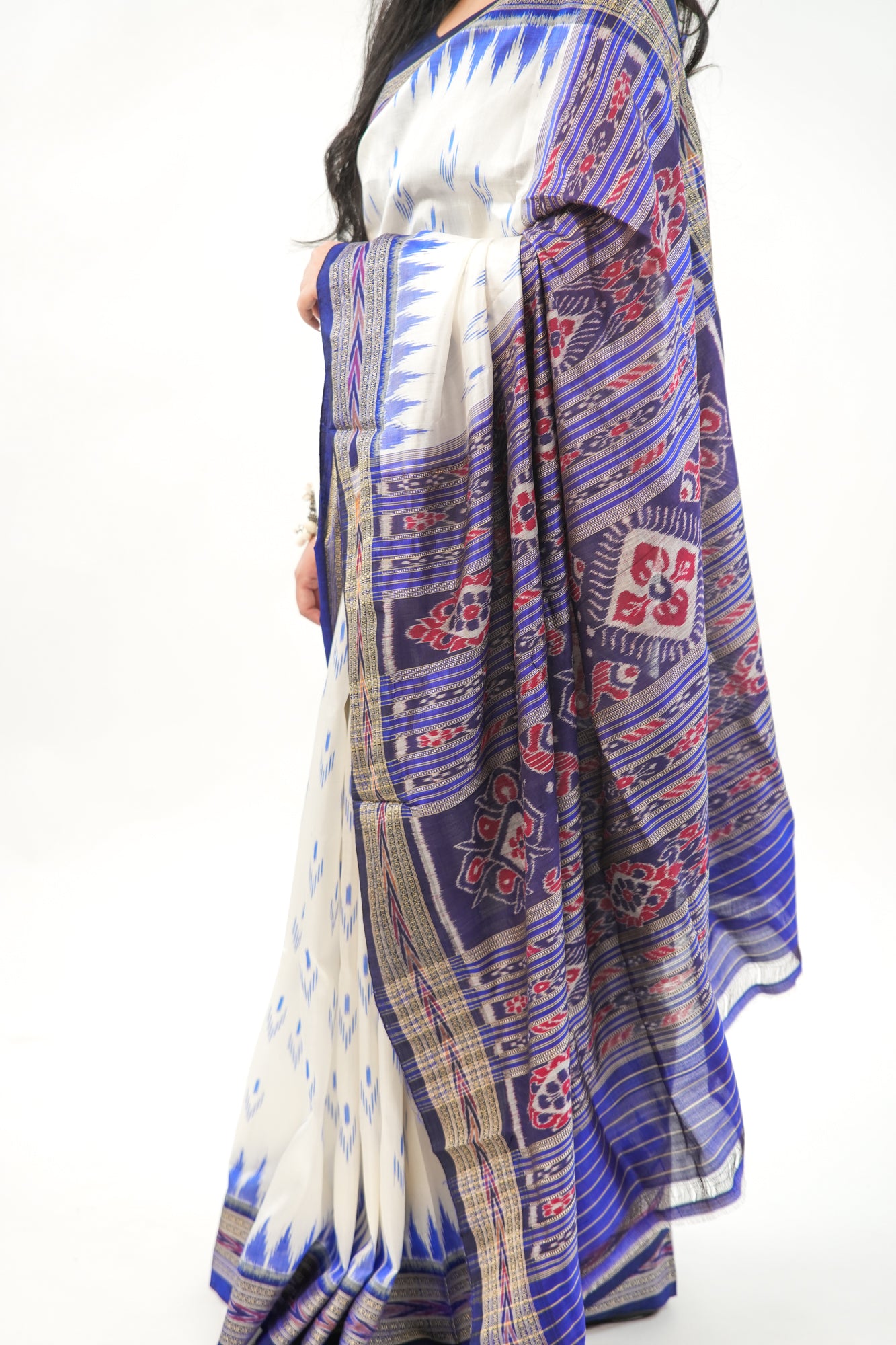 Off-White Khandua Silk Saree with Royal Blue Temple Motifs