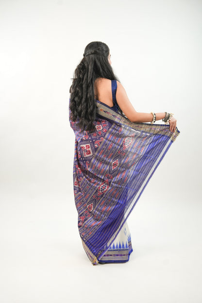 Off-White Khandua Silk Saree with Royal Blue Temple Motifs