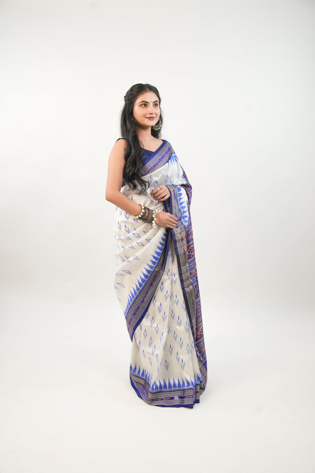 Off-White Khandua Silk Saree with Royal Blue Temple Motifs