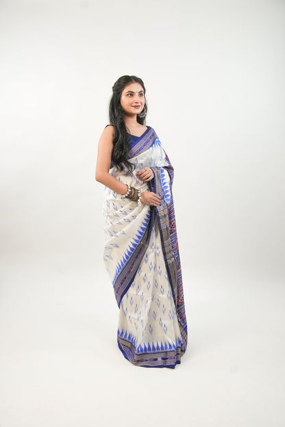 Off-White Khandua Silk Saree with Royal Blue Temple Motifs
