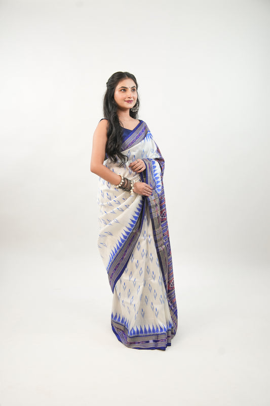 Off-White Khandua Silk Saree with Royal Blue Temple Motifs