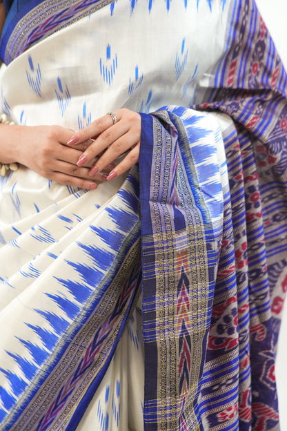 Off-White Khandua Silk Saree with Royal Blue Temple Motifs