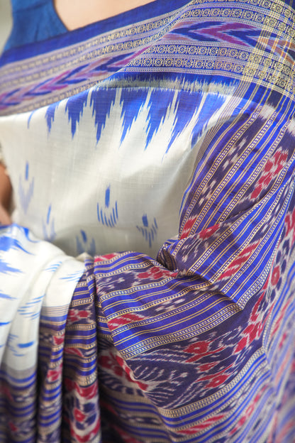 Off-White Khandua Silk Saree with Royal Blue Temple Motifs