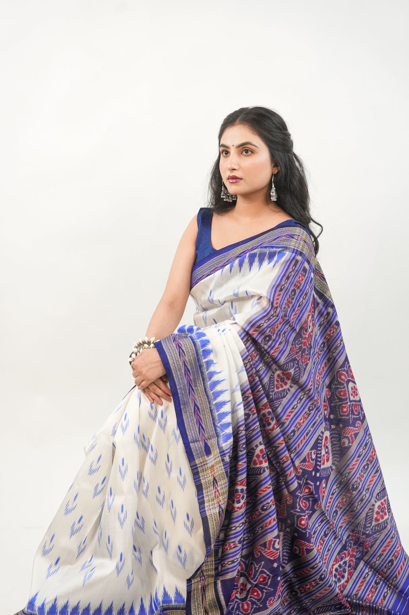 Off-White Khandua Silk Saree with Royal Blue Temple Motifs