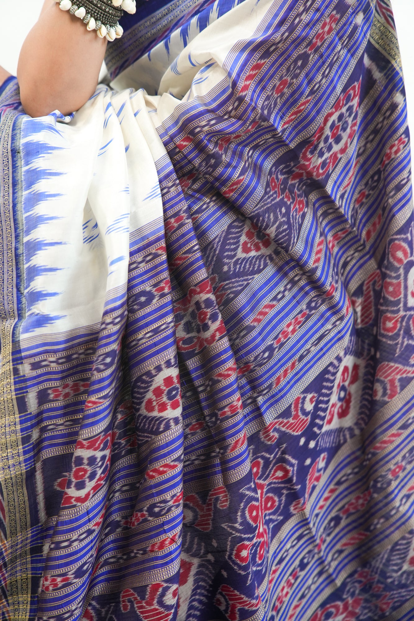 Off-White Khandua Silk Saree with Royal Blue Temple Motifs