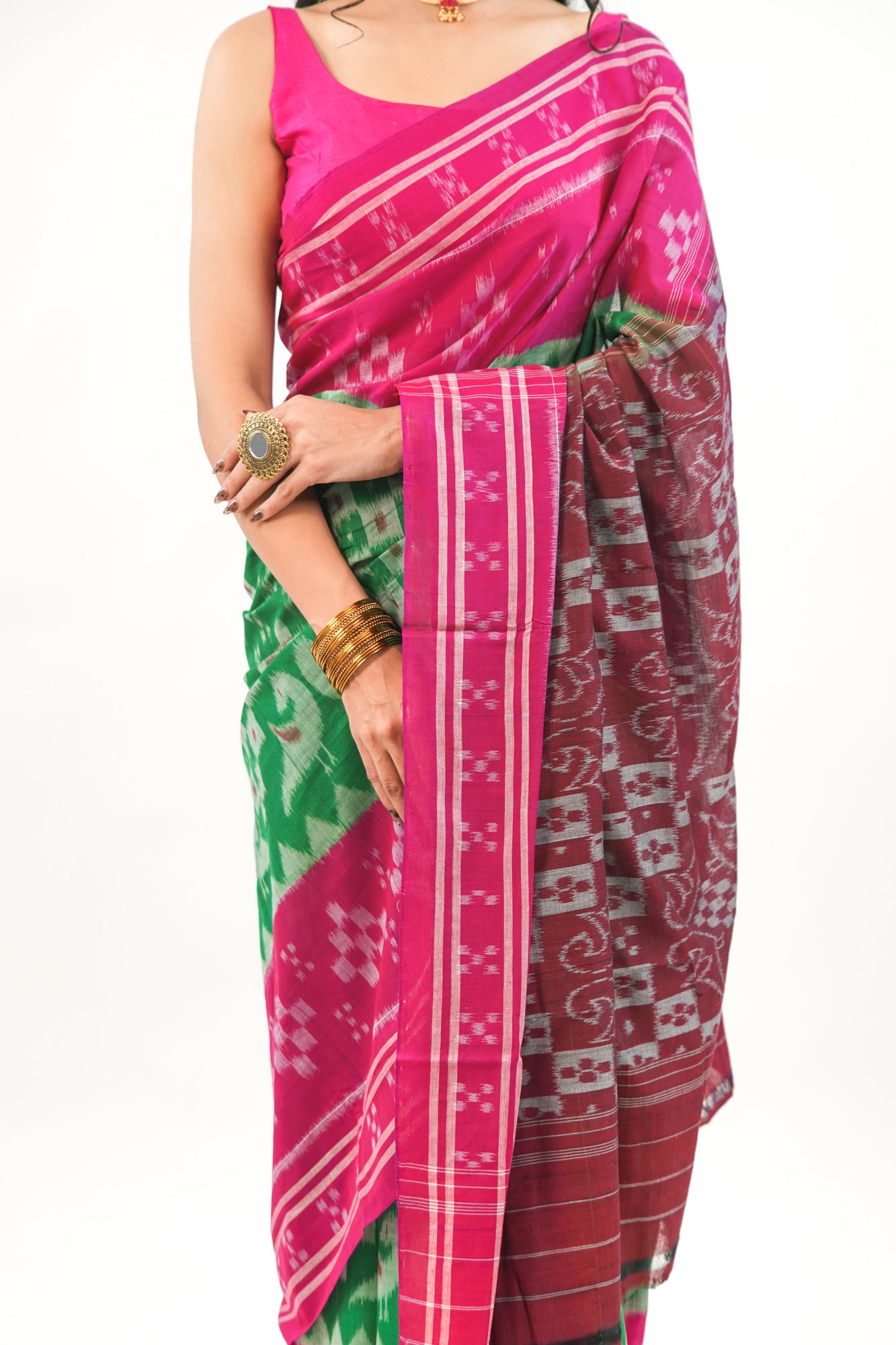 Emerald Green & Magenta Sambalpuri Cotton Saree with Peacock Ikat