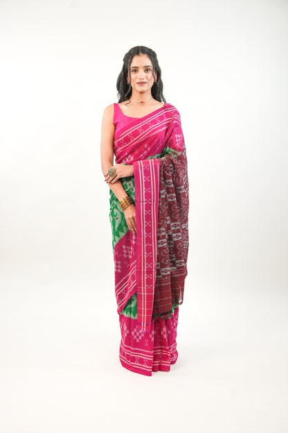 Emerald Green & Magenta Sambalpuri Cotton Saree with Peacock Ikat