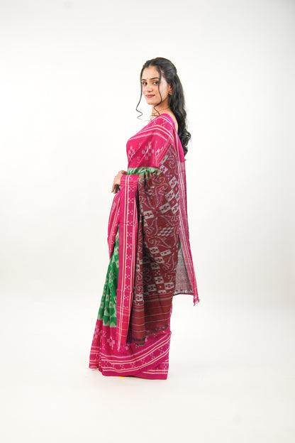 Emerald Green & Magenta Sambalpuri Cotton Saree with Peacock Ikat