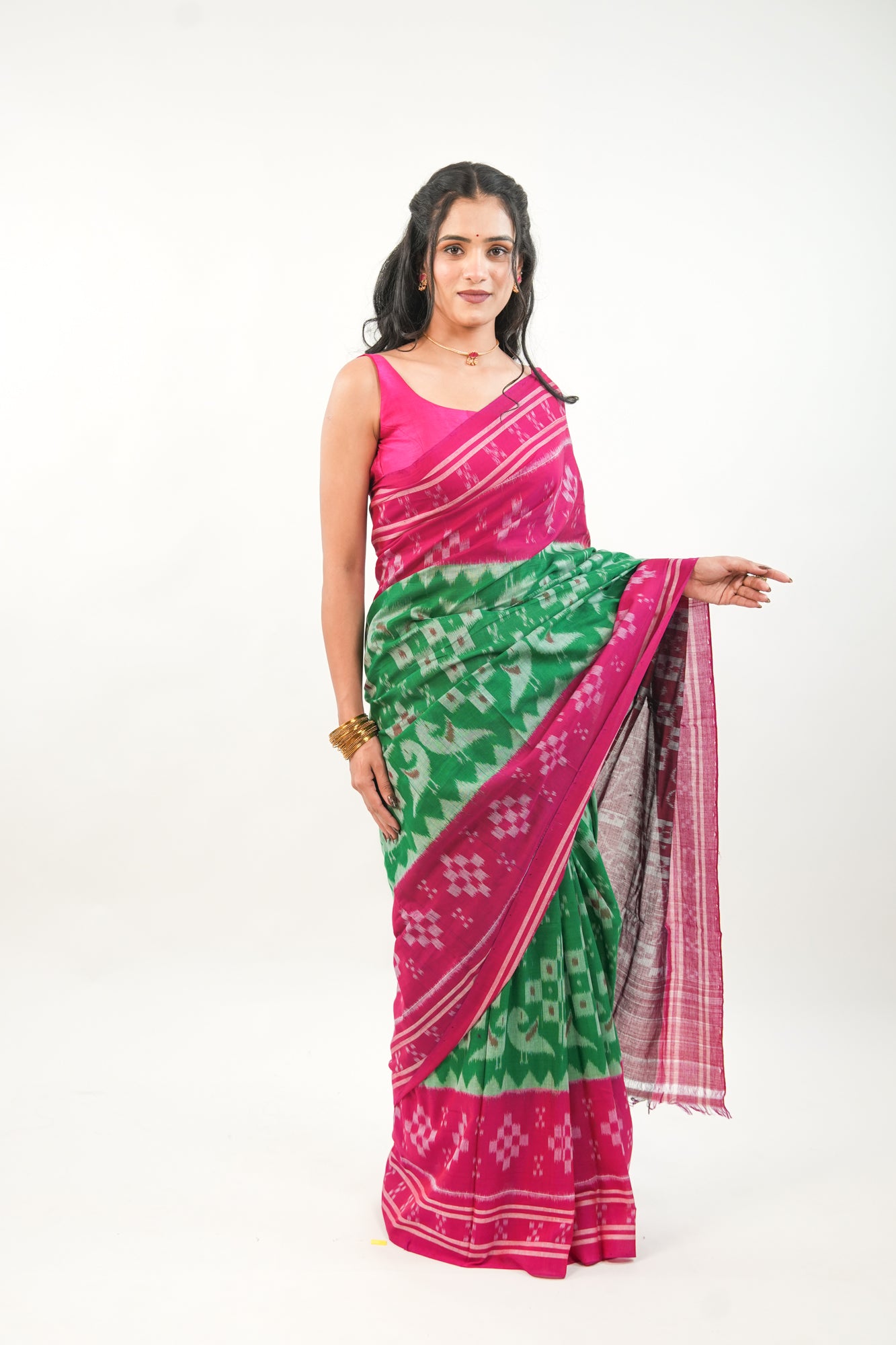 Emerald Green & Magenta Sambalpuri Cotton Saree with Peacock Ikat