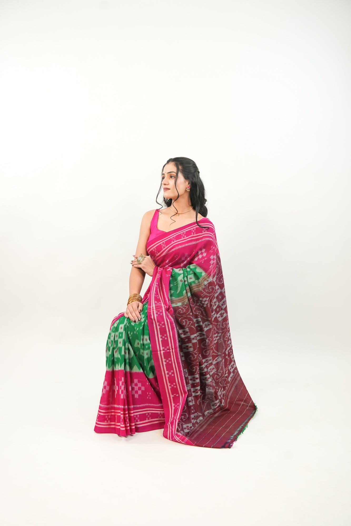 Emerald Green & Magenta Sambalpuri Cotton Saree with Peacock Ikat