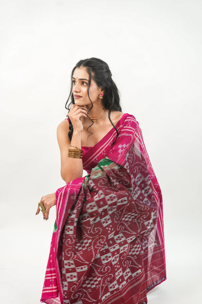 Emerald Green & Magenta Sambalpuri Cotton Saree with Peacock Ikat