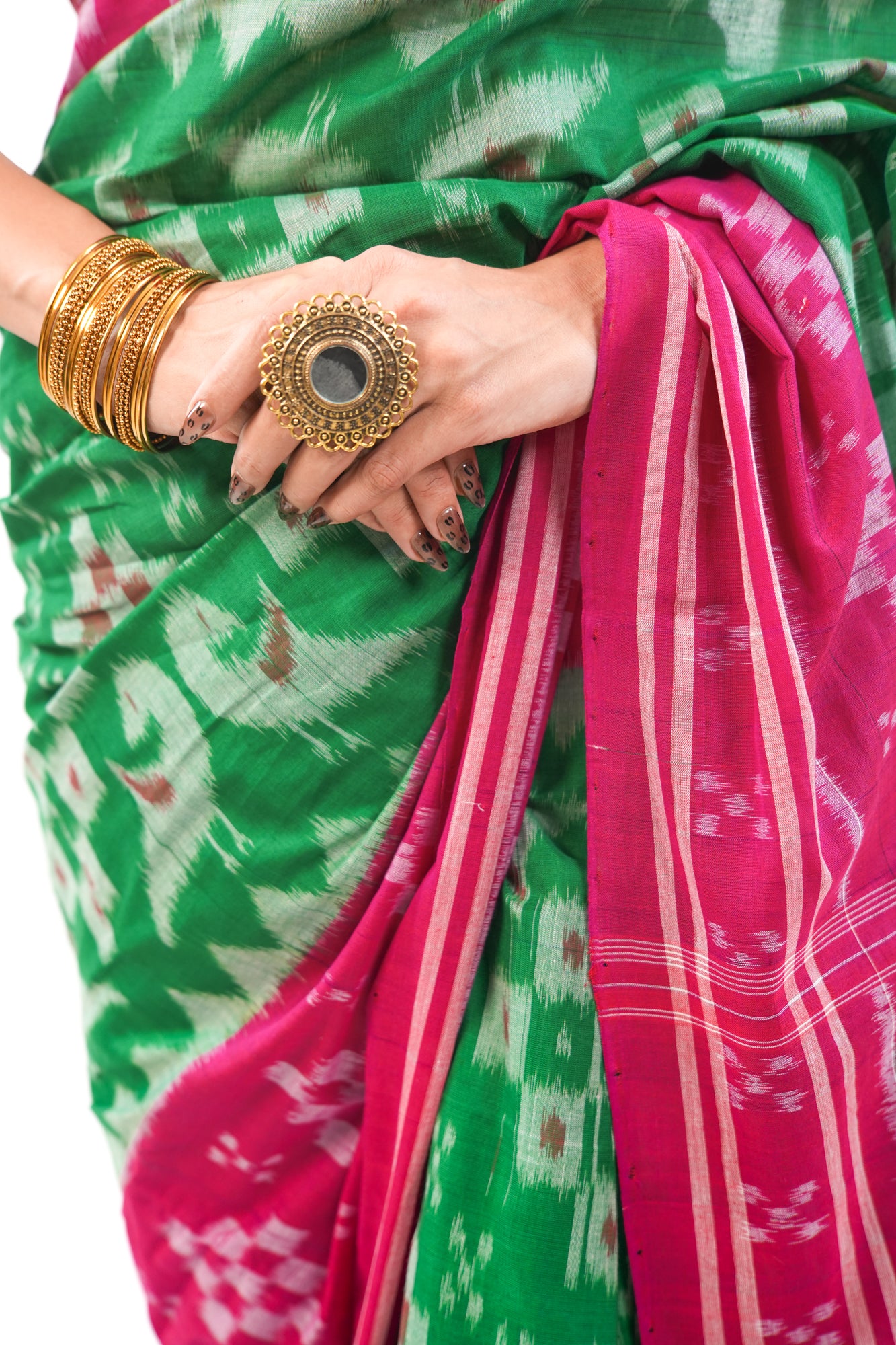 Emerald Green & Magenta Sambalpuri Cotton Saree with Peacock Ikat