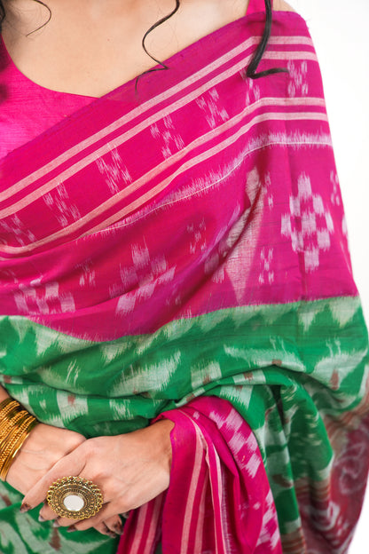 Emerald Green & Magenta Sambalpuri Cotton Saree with Peacock Ikat