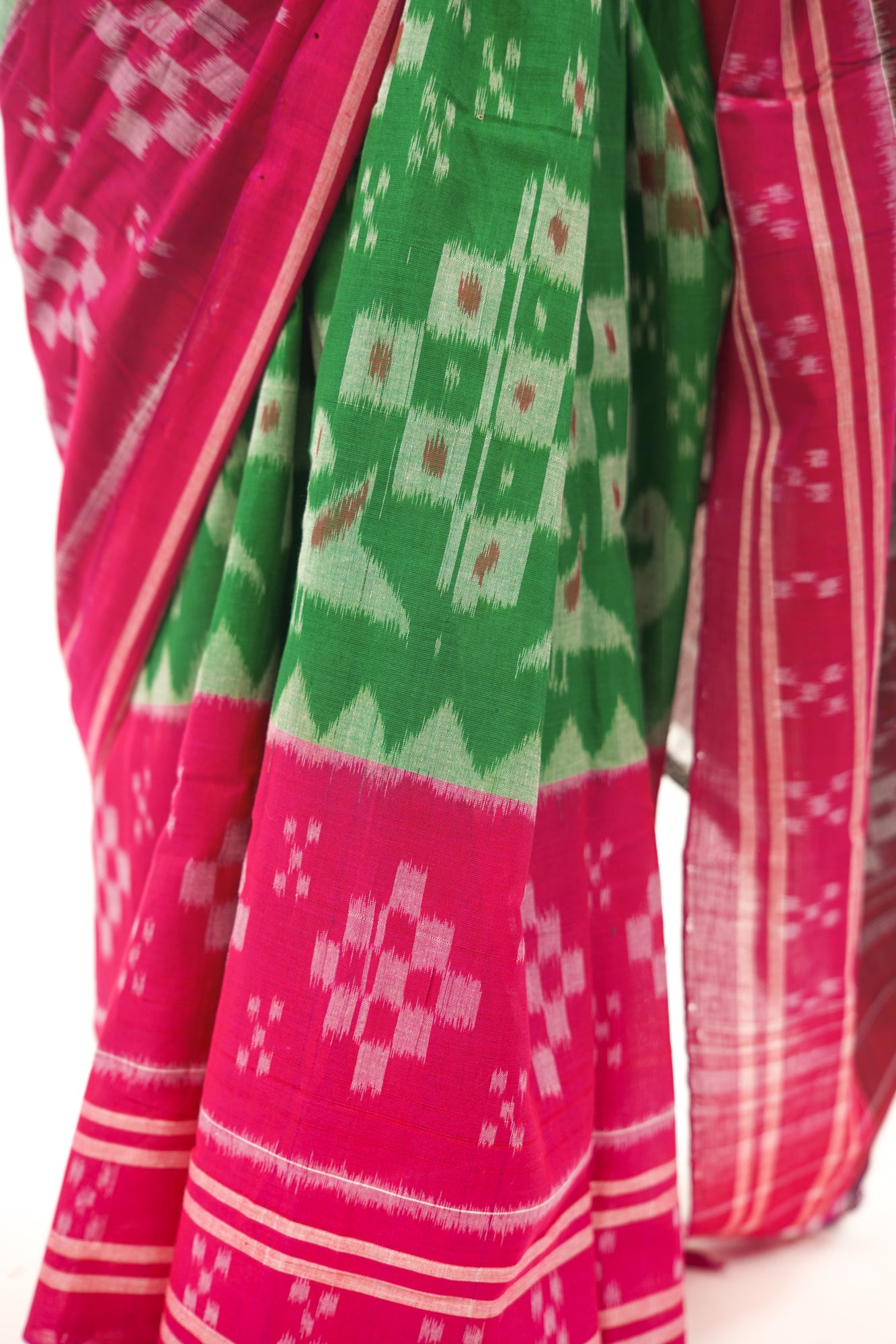 Emerald Green & Magenta Sambalpuri Cotton Saree with Peacock Ikat