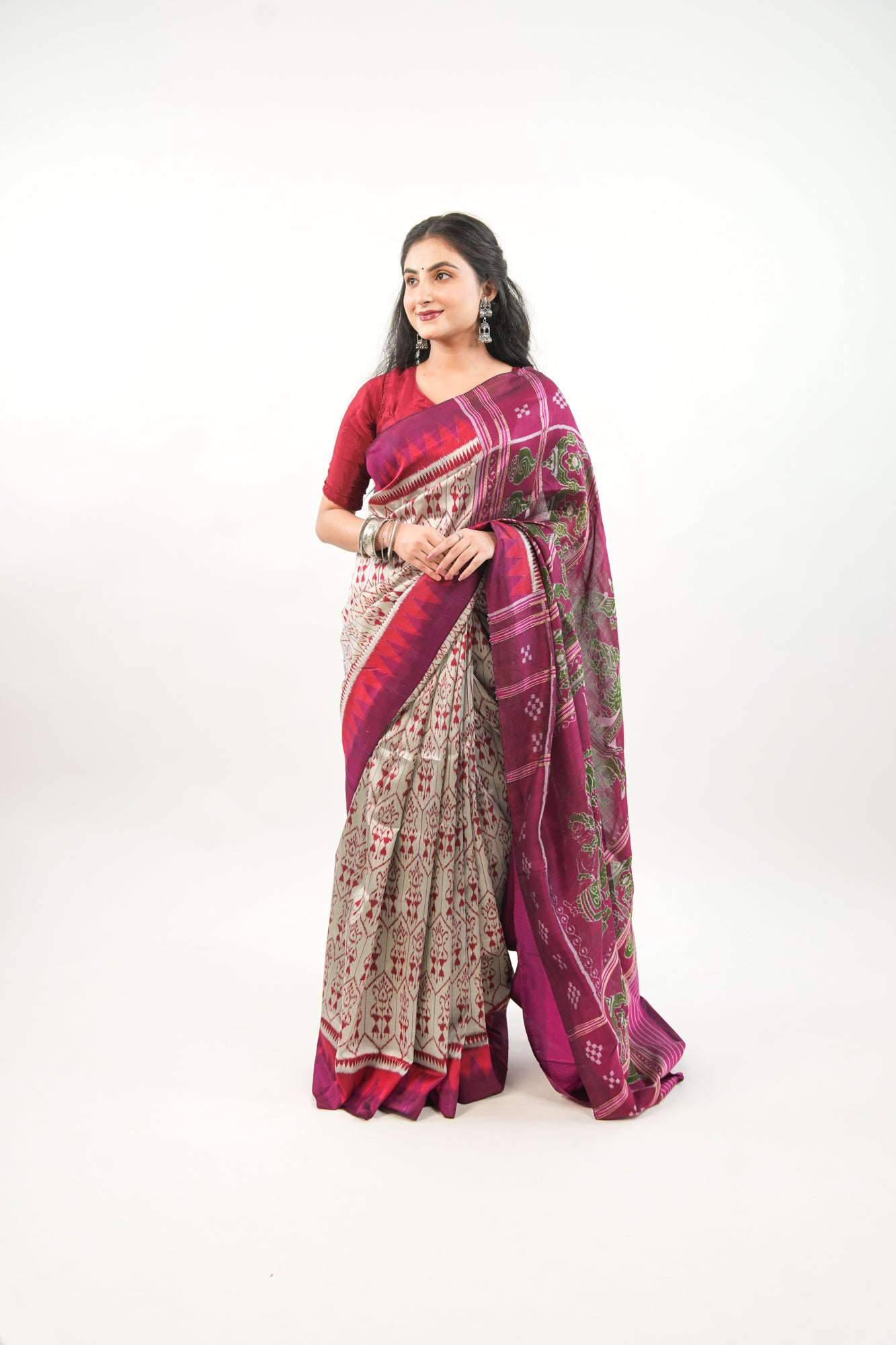 Silver Grey Khandua Silk Saree with Crimson Temple Border