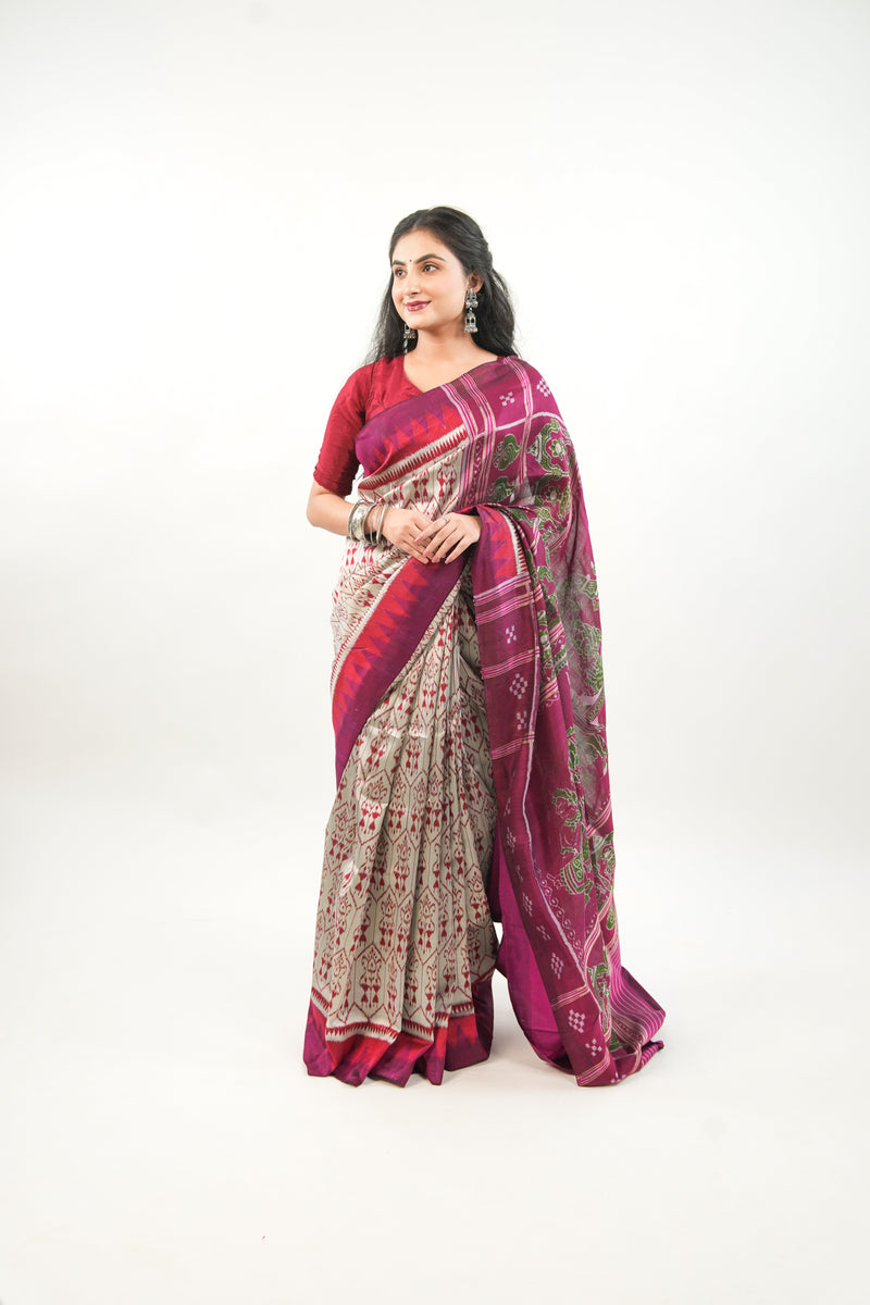 Silver Grey Khandua Silk Saree with Crimson Temple Border