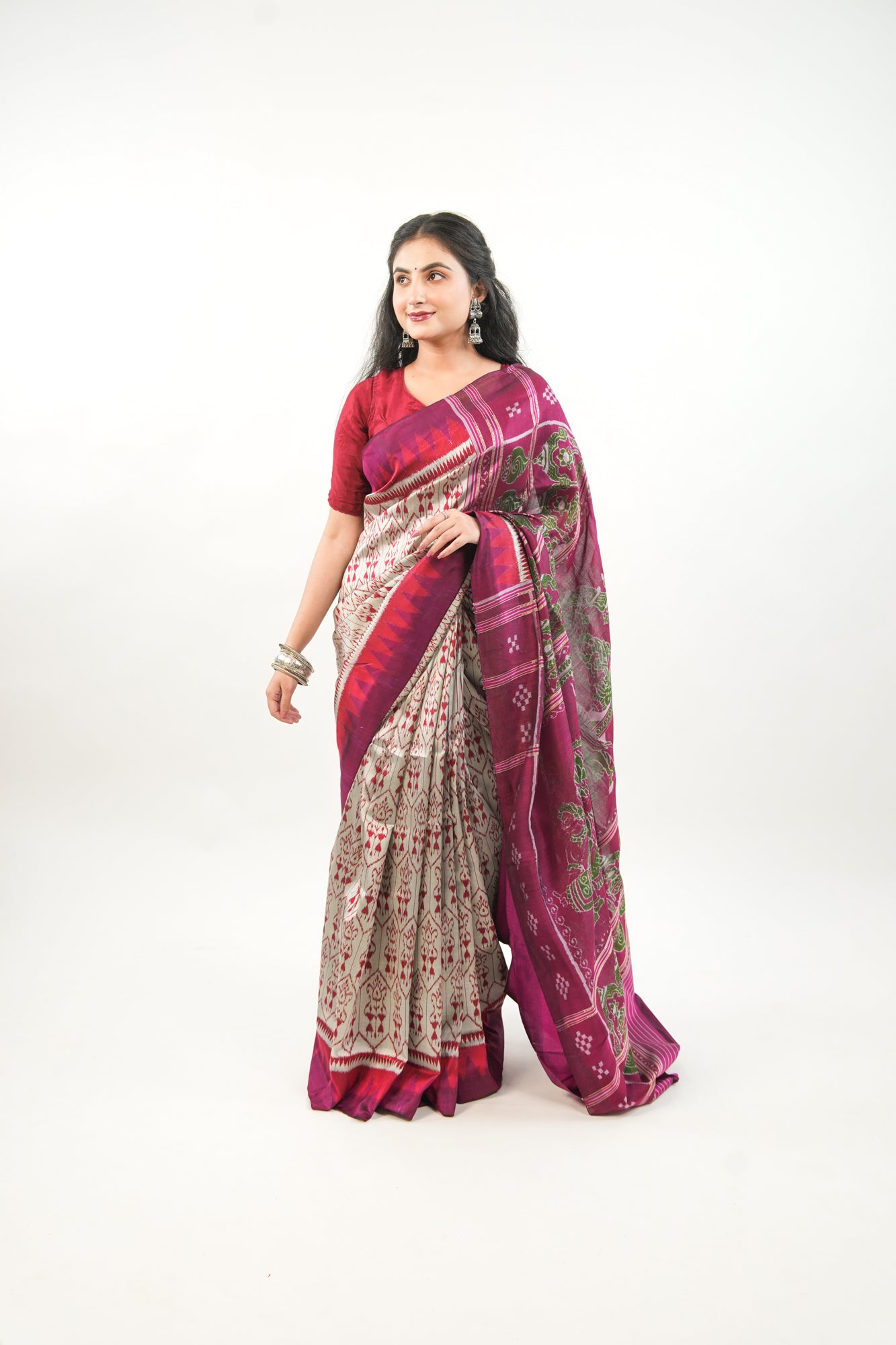 Silver Grey Khandua Silk Saree with Crimson Temple Border