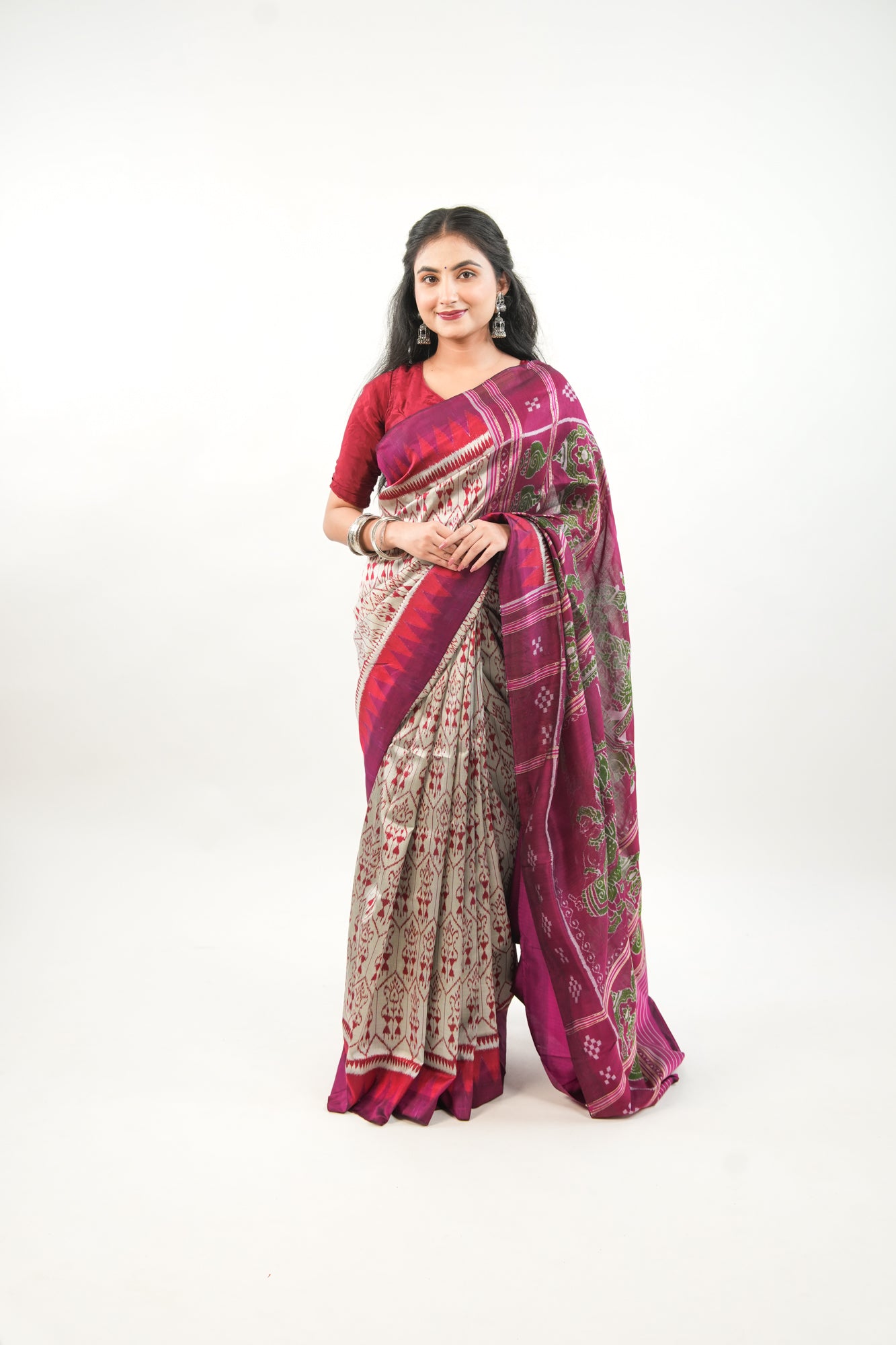 Silver Grey Khandua Silk Saree with Crimson Temple Border