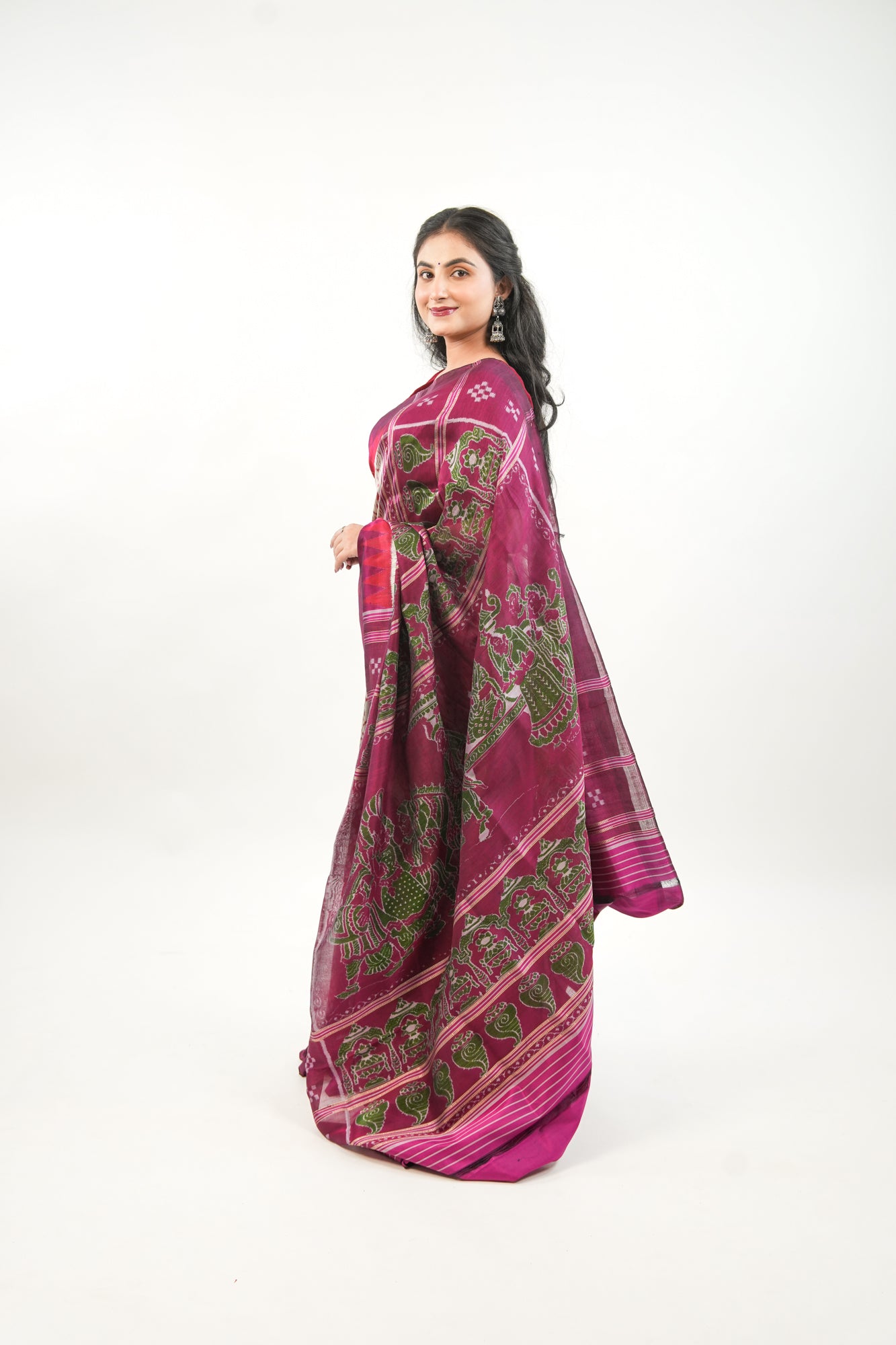 Silver Grey Khandua Silk Saree with Crimson Temple Border
