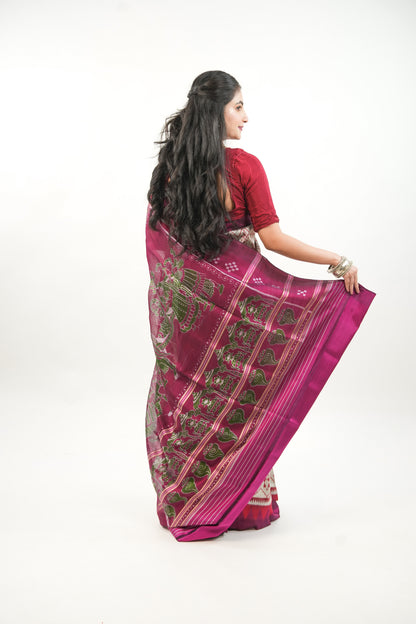 Silver Grey Khandua Silk Saree with Crimson Temple Border