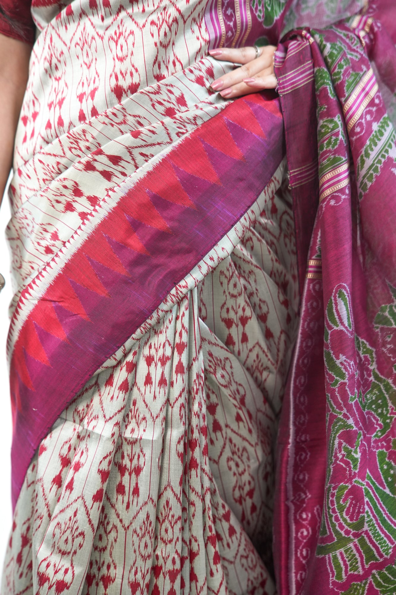Silver Grey Khandua Silk Saree with Crimson Temple Border