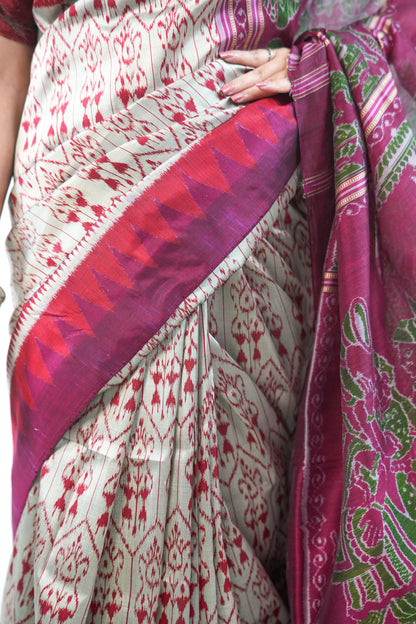 Silver Grey Khandua Silk Saree with Crimson Temple Border