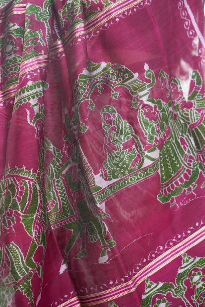 Silver Grey Khandua Silk Saree with Crimson Temple Border