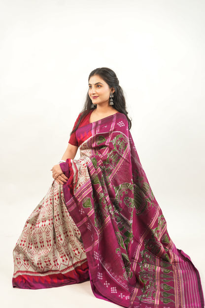 Silver Grey Khandua Silk Saree with Crimson Temple Border