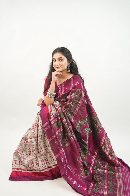 Silver Grey Khandua Silk Saree with Crimson Temple Border