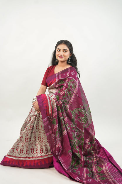 Silver Grey Khandua Silk Saree with Crimson Temple Border