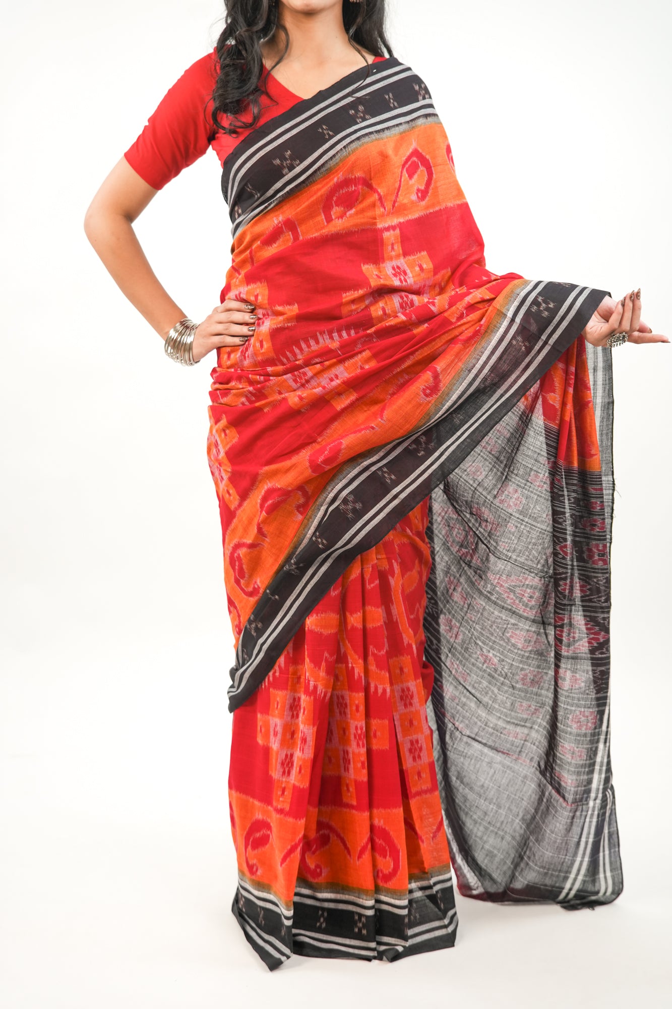Scarlet Red Sambalpuri Cotton Saree with Mandala & Hansa Ikat