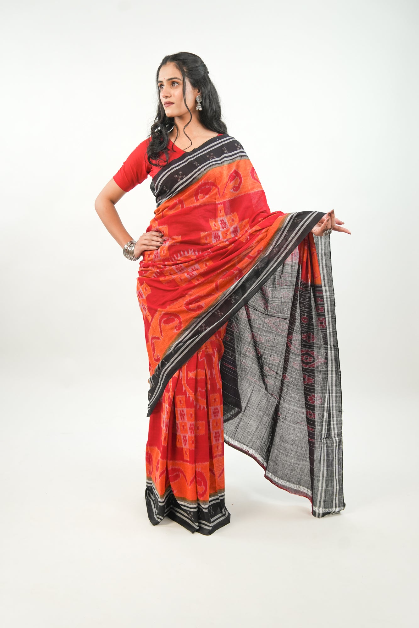 Scarlet Red Sambalpuri Cotton Saree with Mandala & Hansa Ikat