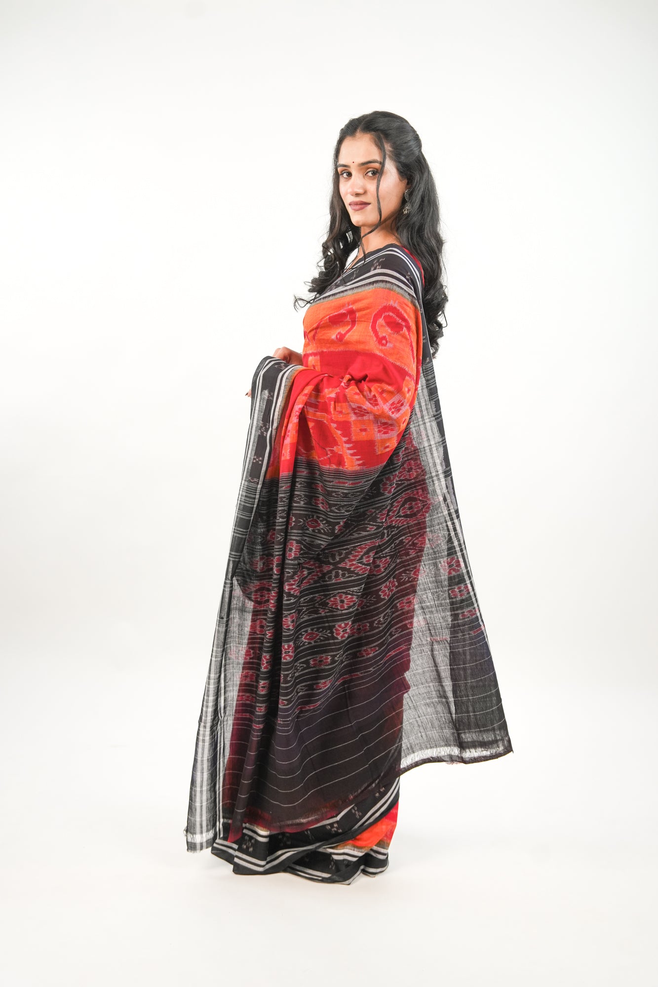 Scarlet Red Sambalpuri Cotton Saree with Mandala & Hansa Ikat