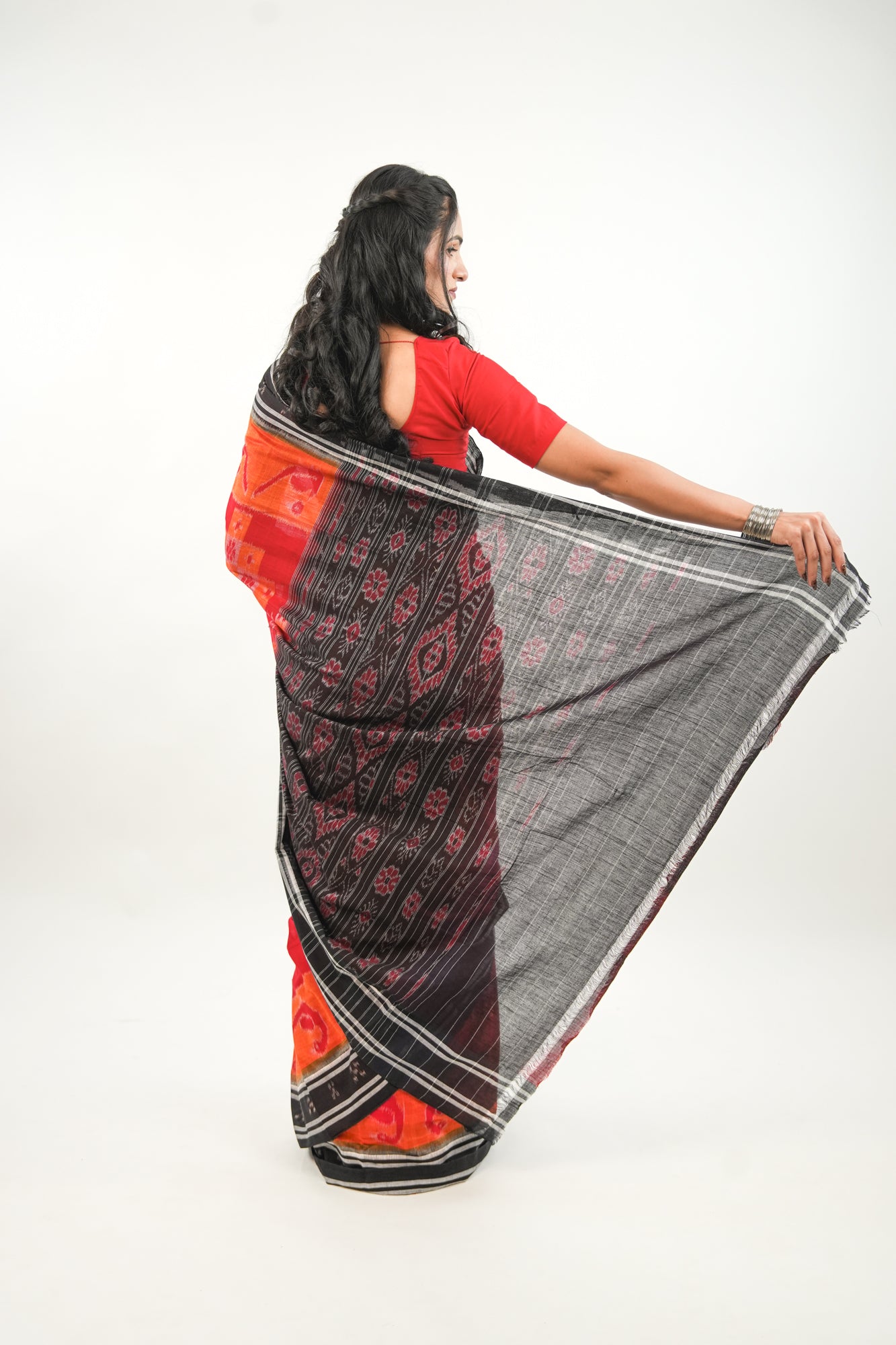 Scarlet Red Sambalpuri Cotton Saree with Mandala & Hansa Ikat