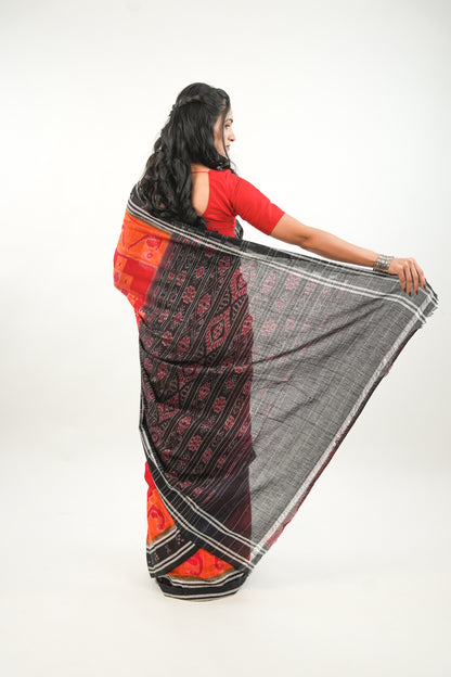 Scarlet Red Sambalpuri Cotton Saree with Mandala & Hansa Ikat