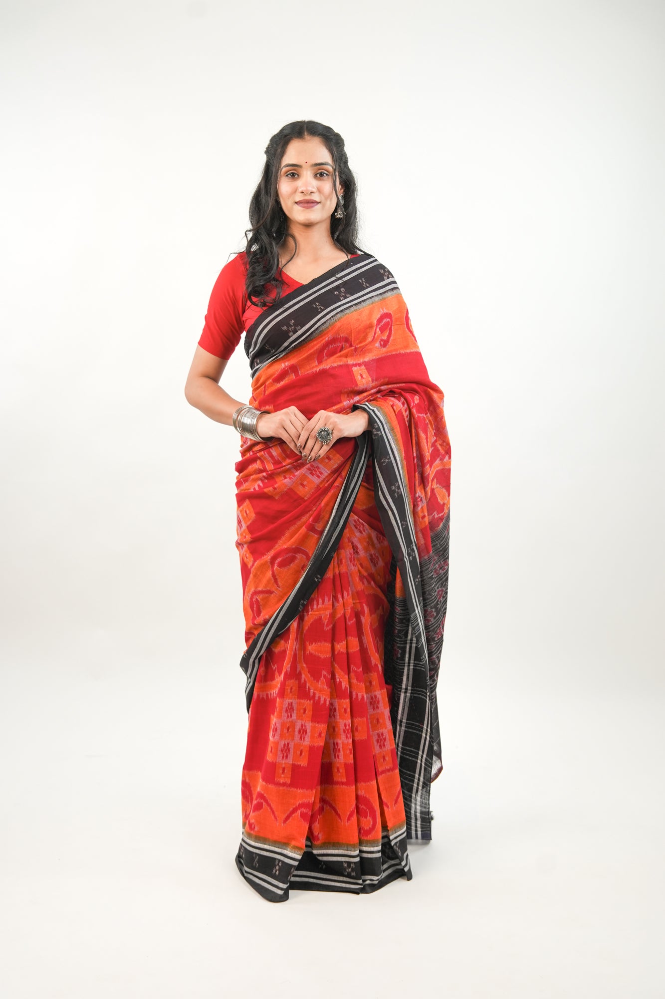 Scarlet Red Sambalpuri Cotton Saree with Mandala & Hansa Ikat