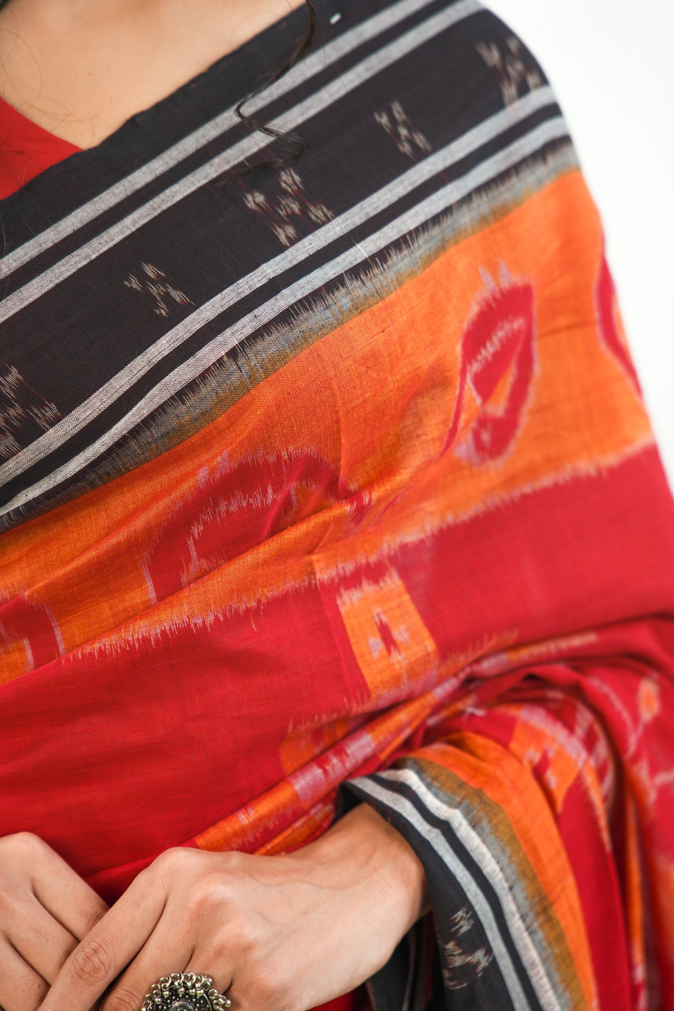 Scarlet Red Sambalpuri Cotton Saree with Mandala & Hansa Ikat