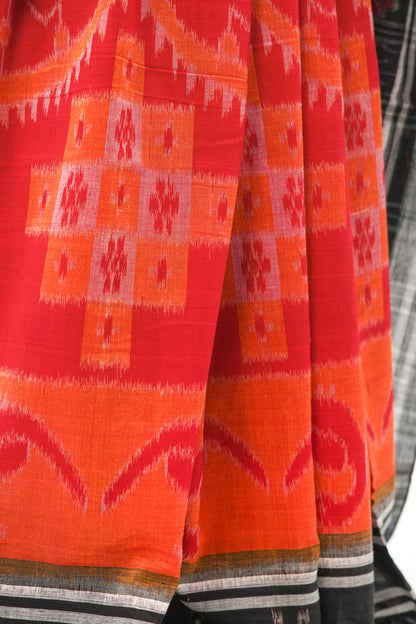 Scarlet Red Sambalpuri Cotton Saree with Mandala & Hansa Ikat