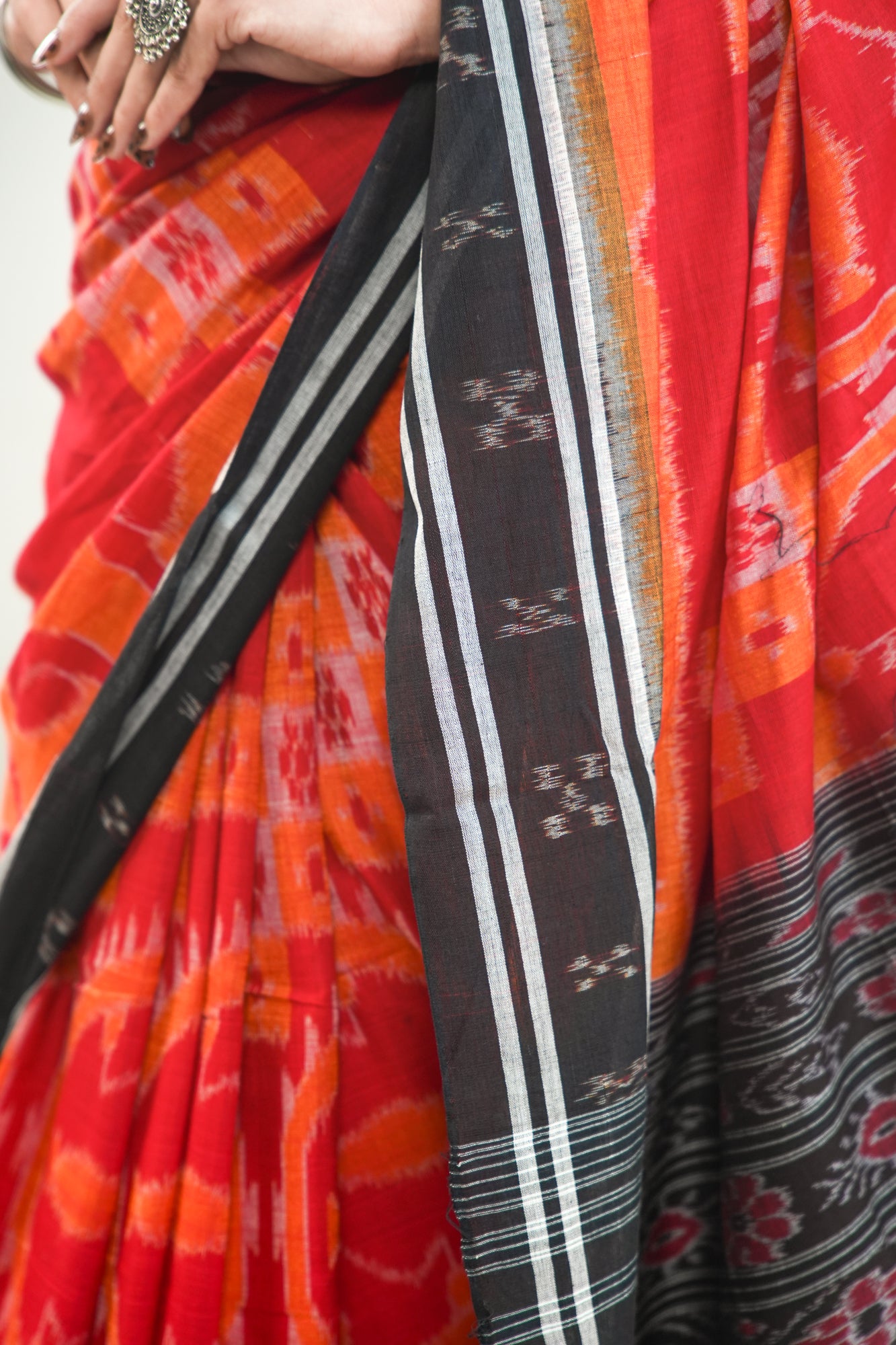Scarlet Red Sambalpuri Cotton Saree with Mandala & Hansa Ikat