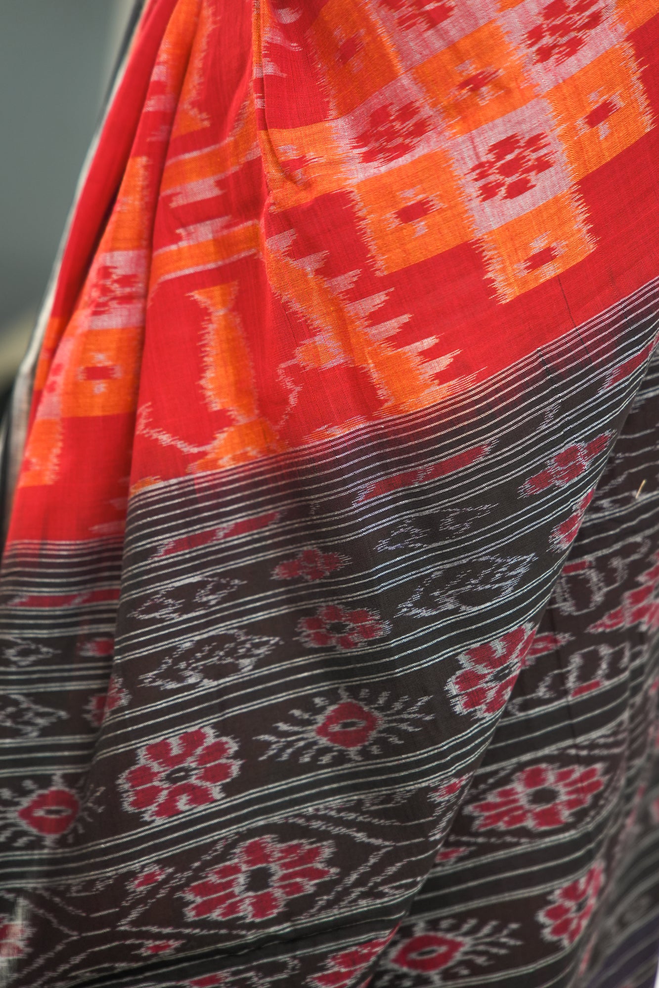 Scarlet Red Sambalpuri Cotton Saree with Mandala & Hansa Ikat