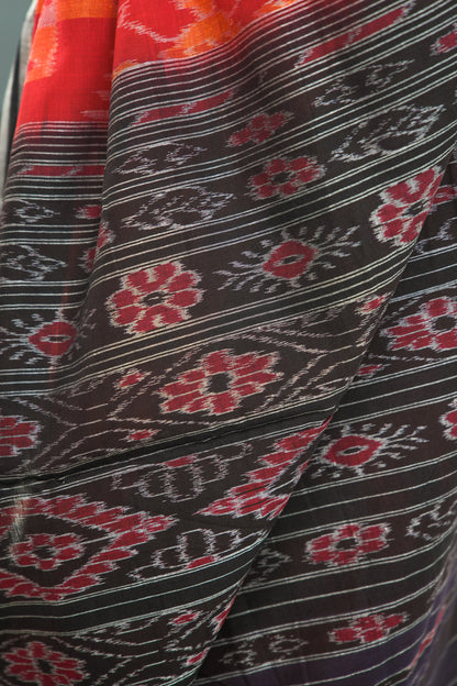 Scarlet Red Sambalpuri Cotton Saree with Mandala & Hansa Ikat